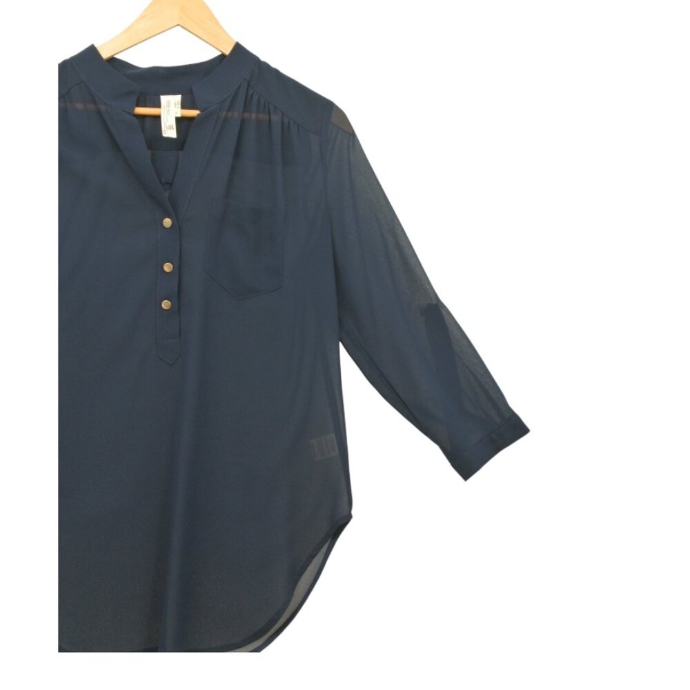 Pink Owl Navy Sheer Roll-Tab Sleeve Button Detail Blouse Small